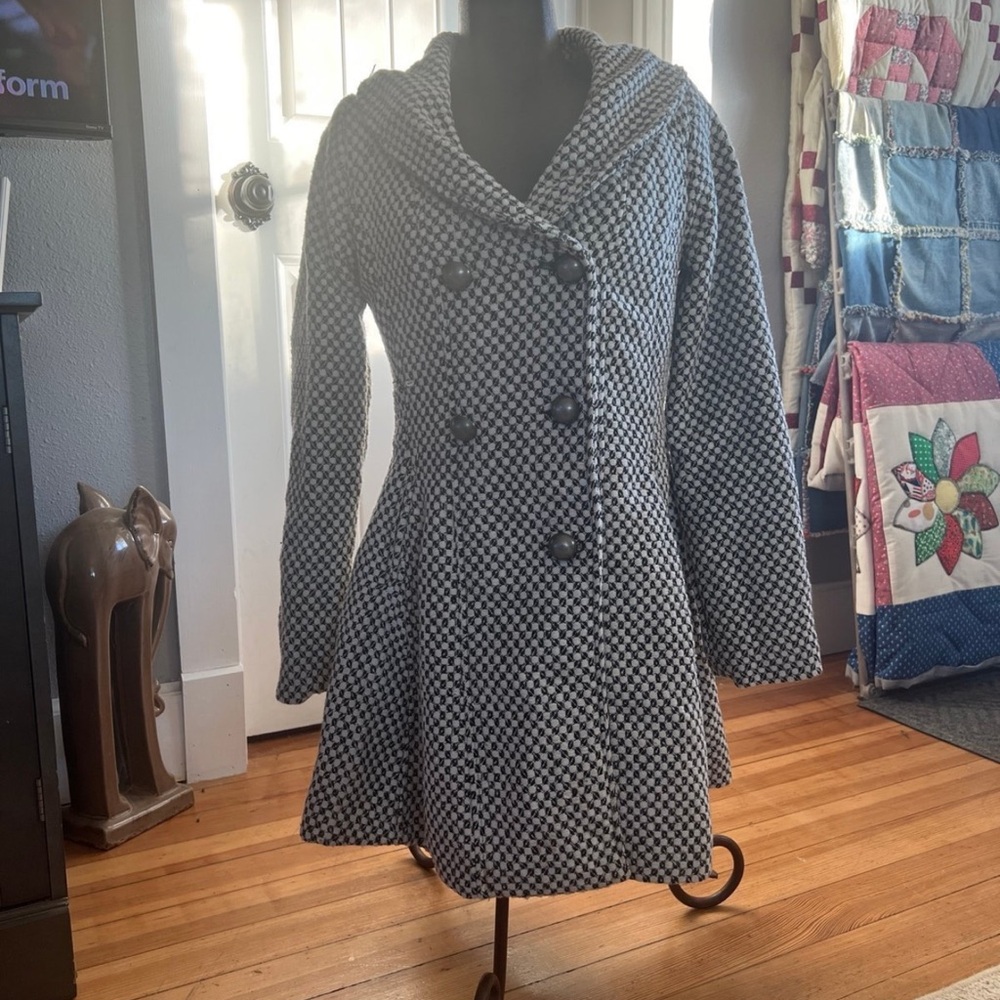Bethany Mota Checkered Peacoat Bow Back Coat Small Gray Black